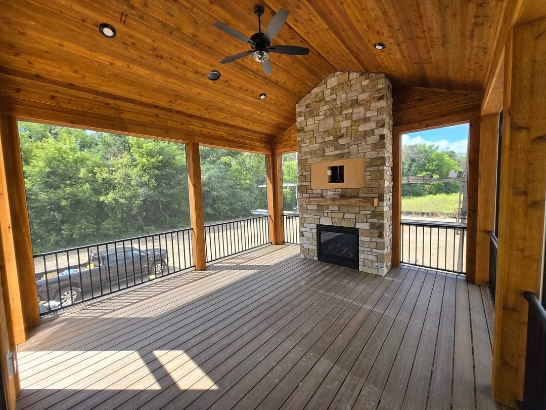 Deck'd Out LLC covered outdoor porch with cedar ceiling and ceiling fan